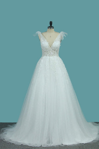 A Line Spaghetti Straps Wedding Dresses Tulle & Lace With Applique Court Train