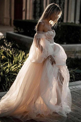 Princess Long Puff Sleeves Off the Shoulder Tulle Wedding Dresses, Beach Wedding Gowns SJS15298