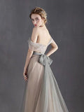 Cheap A-Line Off the Shoulder Simple Silver Sweetheart Tulle Backless Prom Dresses UK JS440