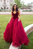 Strapless A-line Long V-Neck Tulle Burgundy Sleeveless Floor-Length Prom Dresses JS269