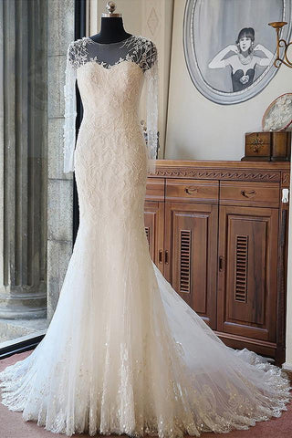 Elegant Mermaid Scoop Neck Tulle Beads Lace Appliques Chapel Train Long Sleeve Wedding Dress JS739