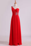 Red One Shoulder A Line Prom Dresses Chiffon Floor Length With Beading And Ruffles