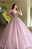 Beaded Tulle Deep Illusion V Neck Ball Gown Prom Dress Floor Length