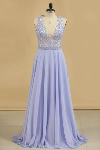 A Line V Neck Prom Dresses Chiffon With Applique And Beads