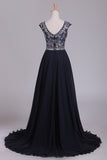Prom Dresses Scoop Cap Sleeves A Line Chiffon With Beads Sweep Train