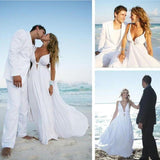 Sexy Deep V Neck White Chiffon Beach Elegant A-Line Bridal Floor-Length Wedding Dresses JS226