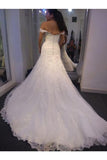 Off The Shoulder Tulle Wedding Dresses Bridal Dresses Appliques Covered Button Court Train