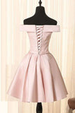 Simple A Line Off the Shoulder Pearl Pink Satin Short Homecoming Dresses with Lace JS923