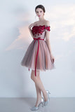 A Line Red Off the Shoulder Above Knee Short Sleeve Flowers Homecoming Dresses UK JS308