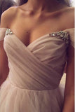 A Line Sweetheart Beaded Off the Shoulder Pink Long Prom Dresses Wedding Dress JS132