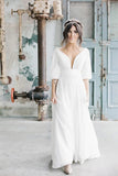 Simple A Line Ivory Chiffon V Neck Wedding Dresses Half Sleeves Long Wedding SJSP42YQLZ1