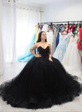 Sweetheart Tulle Ball Gown Black Formal Prom Dresses, Sleeveless Lace up Evening Dresses SJS15442