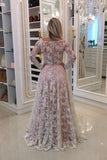 Off The Shoulder Long Sleeves Lace A Line With Beads And Sash Prom Dresses