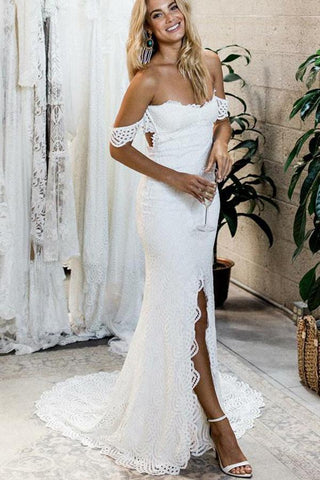 Off the Shoulder White Sweetheart Lace Sexy Mermaid Open Back Beach Wedding Dresses JS725