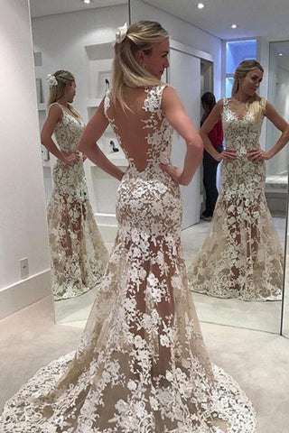 Elegant Lace Sheer Ivory V-Neck Appliques Sleeveless Mermaid Backless Wedding Dresses JS307
