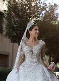 Sexy Ball Gown Sweetheart Long Sleeve Lace Appliques Tulle Long Wedding Dresses JS70