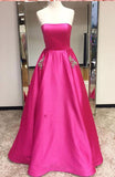 A-Line Satin Strapless Princess Floor-length Beading with Pockets Sleeveless Prom Dresses JS471