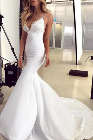 Elegant Lace Appliques V-Neck Backless White Sweetheart Spaghetti Straps Mermaid Wedding Dress JS179