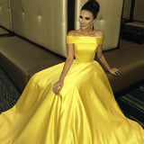 Elegant Yellow Off The Shoulder Satin A Line Princess with Pockets Prom Dresses UK JS477