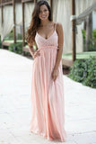 A-Line Spaghetti Straps Floor-Length Backless Sleeveless Pink Chiffon Lace Prom Dresses JS276