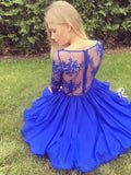 Charming A Line V Neck Long Sleeves Royal Blue Lace Short Homecoming Dresses JS979