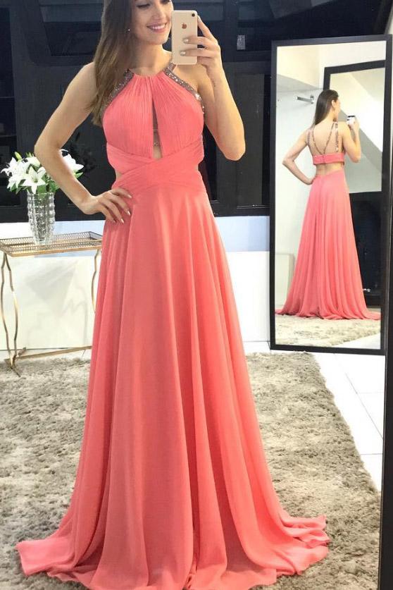 Charming Scoop A-Line Long Watermelon Chiffon Backless Sleeveless Prom Dresses JS318