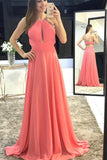Charming Scoop A-Line Long Watermelon Chiffon Backless Sleeveless Prom Dresses JS318