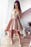 A-Line Sweetheart High Low Pink Stretch Satin Homecoming Dress with Appliques JS121