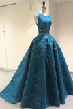 Vintage Lace Appliques Ball Gown Scoop Long Open Back with Pockets Prom Dresses JS111
