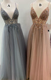 Fashion V-neck A-Line Tulle Prom Dresses with Beading Popular Evening Dresses
