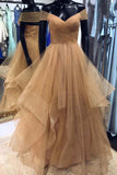 Simple Off the Shoulder V Neck Tulle Prom Gowns Long Cheap Party Dress Formal Dress P1059