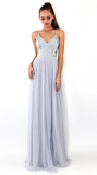 Light Grey Backless Spaghetti Straps Lace Tulle Long A-line V-Neck Prom Dresses JS529