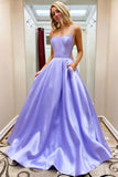 Simple Satin Formal Evening Dresses Long A Line Prom Dresses With Pockets