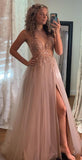 Fashion V-neck A-Line Tulle Prom Dresses with Beading Popular Evening Dresses