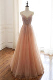 A-Line Blush Pink Tulle Cheap Sleeveless Beads Zipper Prom Dresses