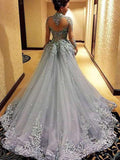 Gorgeous Ball Gown Princess Long Sleeves Tulle Gray Long Prom Dresses JS113