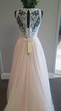 Pretty pink tulle lace v-neck A-line long dress prom dress for teens