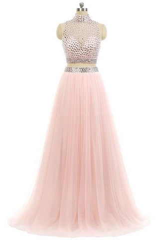 High Neck Pink Tulle Sweep Train Beading Two Pieces Long Prom Dresses JS82