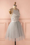 Cheap Sleeve Silver Halter Short A-line Princess Pleated Backless Homecoming Dresses JS789