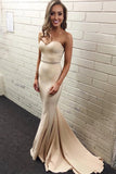 Simple Sweetheart Satin Mermaid Strapless Cheap Nude Long Pageant Prom Dresses JS97