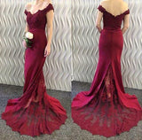 Off-the-Shoulder Burgundy Lace Appliques Long Mermaid Prom Dresses JS370