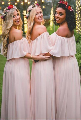 Elegant Off-the-shoulder Pastel Pink Ruffles Long Chiffon A-Line Bridesmaid Dresses UK JS322