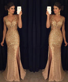 Elegant Gold Mermaid V-Neck Beads Side slit Tulle Long Evening Prom Dresses UK JS492