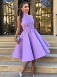 A-Line High Neck Tea-Length Sleeveless Purple Satin Homecoming Dress with Appliques JS119