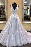 Gray V-Neck Tulle Lace Appliques Sleeveless A-Line Lace-up Long Prom Dresses JS790