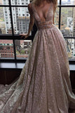 A-Line Deep V-Neck Court Train Open Back Sequined Prom Dress with Beading JS82