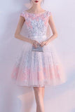 A line Short Appliques Tulle Lace Round neck Knee length Pink Homecoming Dress JS187