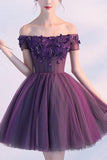 Cute A line Dark Purple Off-shoulder Short Sexy Appliqued Homecoming Dress with Beads JS173