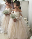 Princess A-Line Round Neck Tulle Long Sleeves Bowknot Flower Girl Dress with Appliques JS797
