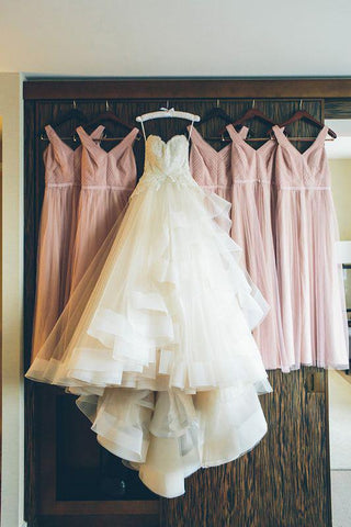 A-Line Organza Sweetheart Spaghetti Strap Full-length High Low Appliques Wedding Dresses